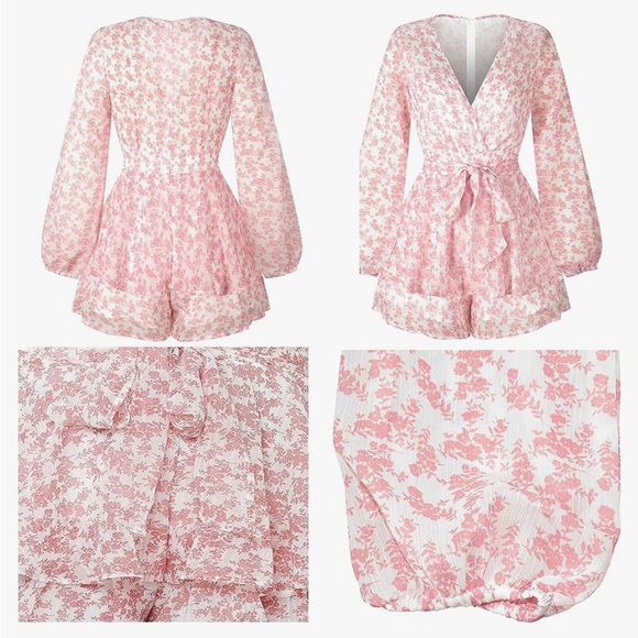 Women Floral Print Long Sleeves Rompers Ruffle Hem Deep V-Neck (Small-Medium) - Picture 3 of 4